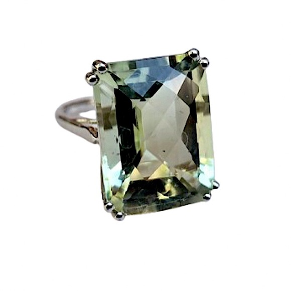 VINTAGE Emerald Cut Green Amethyst Solitaire Gemstone Sterling Silver Ring Sz 7 - Picture 6 of 16